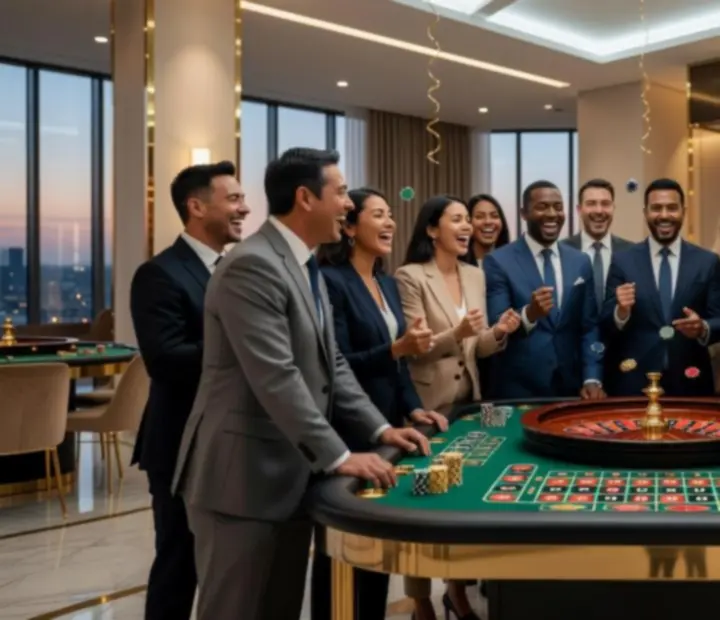 Elegancki event firmowy w stylu casino entertainment z profesjonalną obsługą stołów