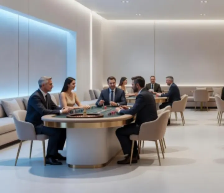 Ekskluzywny event firmowy z eleganckimi stołami casino i uczestnikami w strojach biznesowych